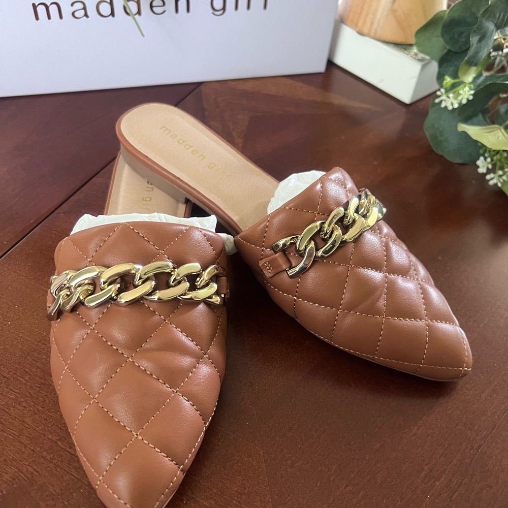 Madden Girl Tan Quilted Mules with Gold Chain